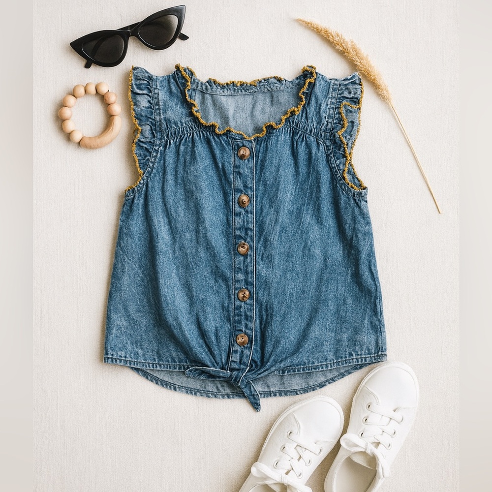 Little Lass Girls Denim Ruffle Button-Front Top Size 6X